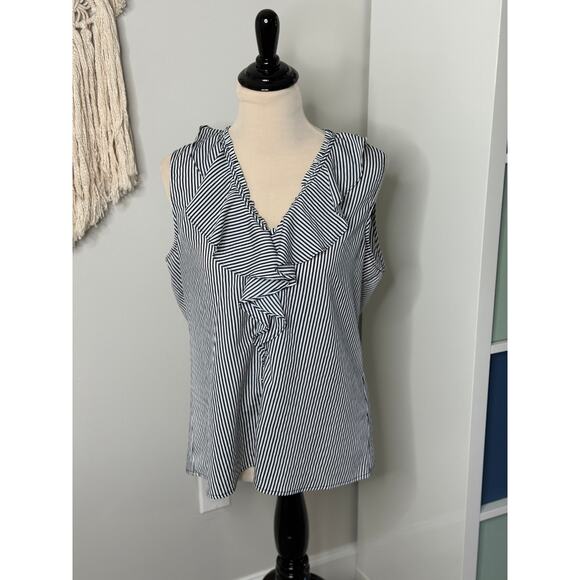 Karl Lagerfeld Blue White Striped Ruffle V-Neck Sleeveless Blouse Tank Top XL - Picture 1 of 7